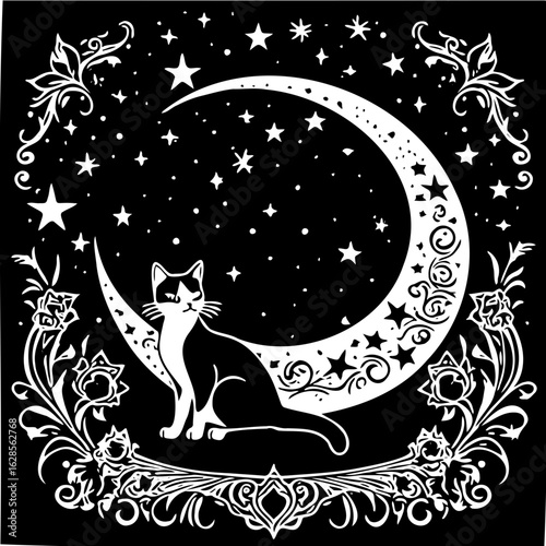 Cat on Crescent Moon, Whimsigoth Celestial Gothic SVG