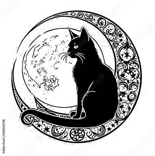 Cat on Crescent Moon, Whimsigoth Celestial Gothic SVG