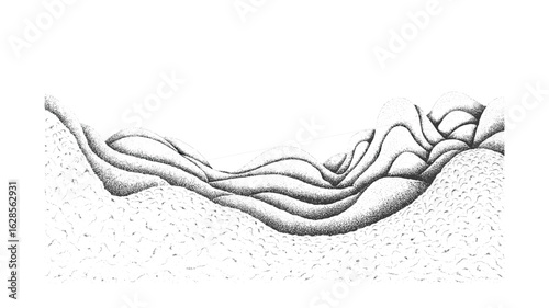 Abstract Landscape with Dotwork Texture: A Black and White Illustration of Rolling Hills and Organic Forms, Evoking Tranquility and Minimalist Aesthetic.