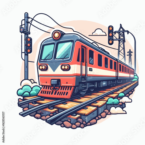 Cartoonish, colorful rendering of a train moving along railway tracks in a landscape setting.