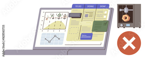 Laptop screen displaying task management board, project analytics, and a 3D printer with a cancel mark. Ideal for productivity, planning, project management, workflow, analytics, manufacturing task