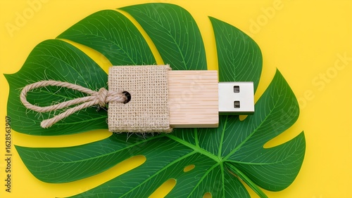 Obraz na płótnie Green Leaf and Wood USB Composition