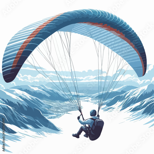 Graphic illustration of a paraglider soaring above a snow-covered valley, amidst mountain peaks.