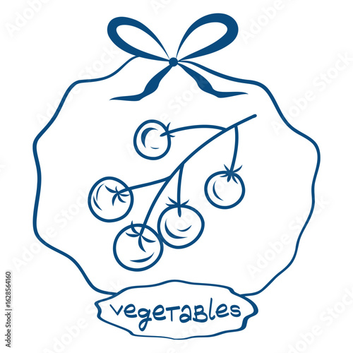 Tomato on Vine Tag with Bow, Vegetables Sketch Label with Ribbon, Cherry Tomato Badge