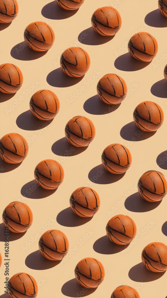 Obraz premium Basketballs in a repeating pattern, casting shadows on a beige background