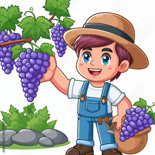Cartoon boy in overalls, wearing a straw hat, smiles while gathering a basket full of purple grapes from a vine.