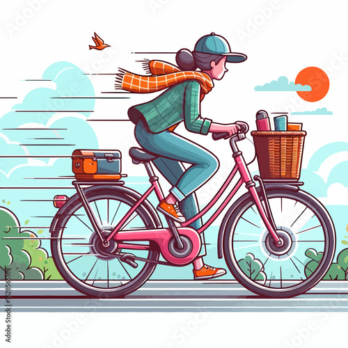 Female figure is depicted on a bicycle,  enjoying a brisk ride through a summer landscape.  Details like a basket and picnic items add to the scene.