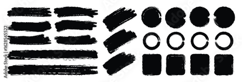 Mega bundle of different ink brush strokes: rectangle, square and round freehand drawings. Ink splatters, grungy painted lines, artistic design elements: Vector paintbrush set.