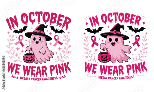 In October We Wear Pink Breast Cancer Awareness Ghost Design with Witch Hat and Pumpkin, October Breast Cancer Support, Halloween Inspired Pink Ribbon Awareness Campaign