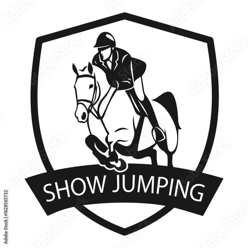 Silhouette of a horse and rider jumping over obstacle, emblem