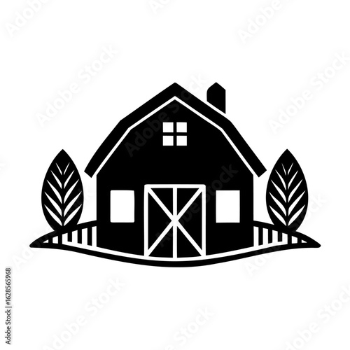 Charming Rustic Barnhouse with Leafy Trees and Picket Fence Illustration