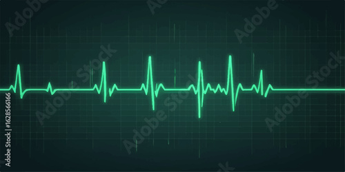 Cardiogram of a pulsing heartbeat on an ECG monitor displaying a green wave line for medical health illustration