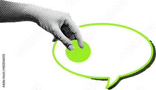 Digital communication concept hand putting idea into glowing chat bubble