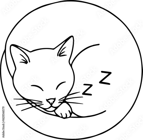 Sleeping cat in round frame with ZZZ on white background