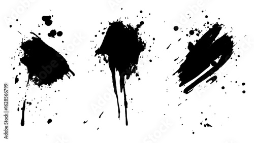 Paintbrush, splash, spray, ink splatter and paint marks. artistic graphic box, black blots, grunge brush strokes and grunge frames for text. Graffiti stencil. Illustration. 