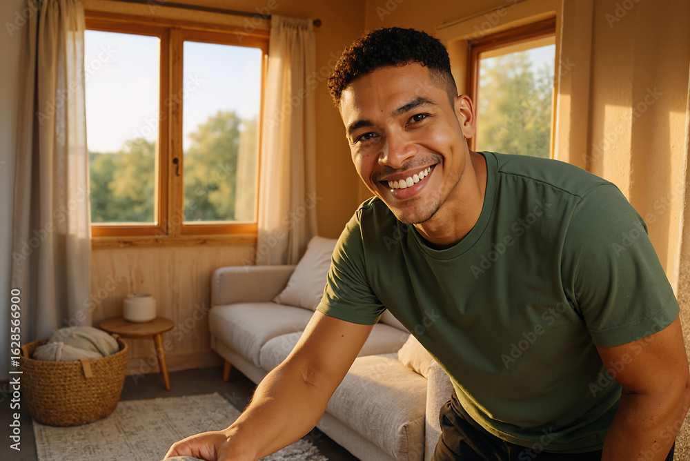 Fototapeta premium young latino man smiling in cozy sunlit living room with warm tones showing happiness and relaxation