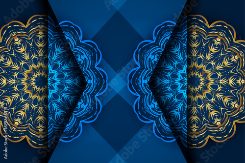 Elegant gold and blue symmetrical mandala with intricate details
