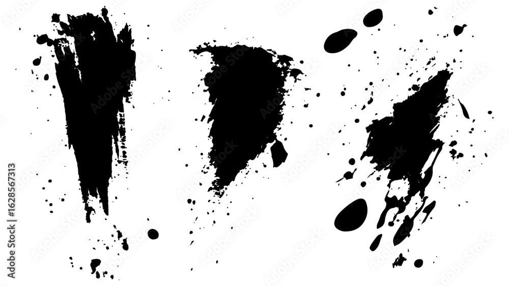 Fototapeta premium Beautiful black watercolor splash brushes. Set of black brushes. Black ink splatters create abstract background with dynamic shapes and textures. Black paint splash on a white background.