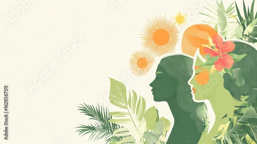 The illustration is a stylized depiction of three women in profile, accompanied by lush foliage and the prominent presence of two suns, all within a minimalist framework