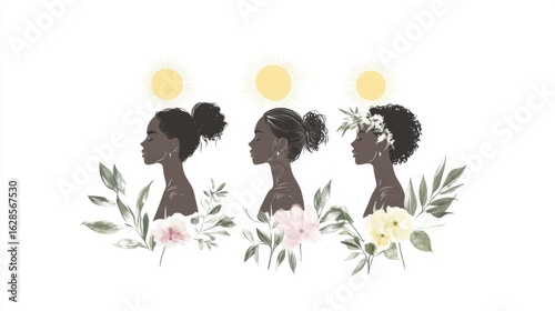A stylized illustration presents three women in profile, lush foliage, and two suns, all encapsulated within a minimalist aesthetic