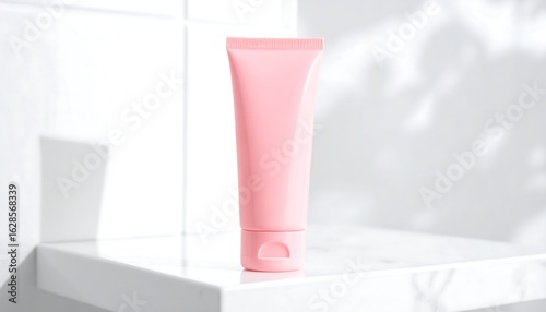 Wallpaper Mural Elegant skincare concept with a blank pink cosmetic tube mockup standing on a white marble shelf against a tiled wall with soft leaf shadows. Torontodigital.ca