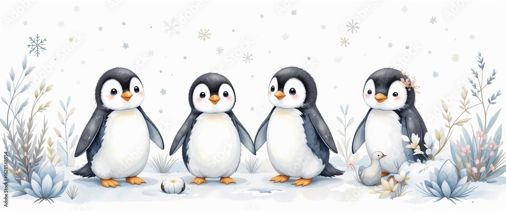 Obraz premium Cute Watercolor Baby Penguins in a Winter Landscape