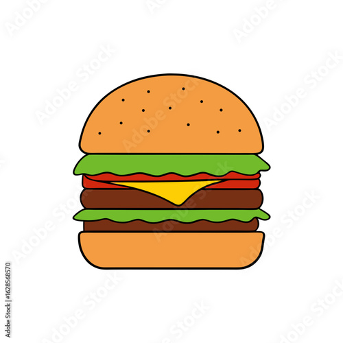 A double cheeseburger with lettuce and tomato layers on white background