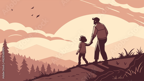Illustration of a father and child walking on a hill with trees and mountains in the background at sunset