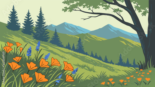 A sunny landscape with orange flowers and bluebells in the foreground and mountains in the distance