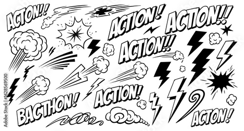 Dynamic comic book style action words and sound effects with explosions and lightning bolts