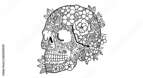 Floral sugar skull coloring page day of the dead dia de los muertos halloween skull outline art drawing