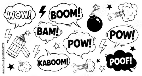 Explosive comic book sound effects and action words in speech bubbles with explosions and lightning