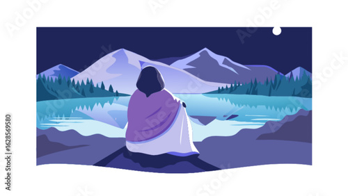 Woman sitting by a lake at night with mountains and trees in the background under a full moon view