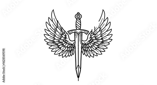 Winged sword vector illustration for tattoo design and warrior symbol with angel wings drawing concept art