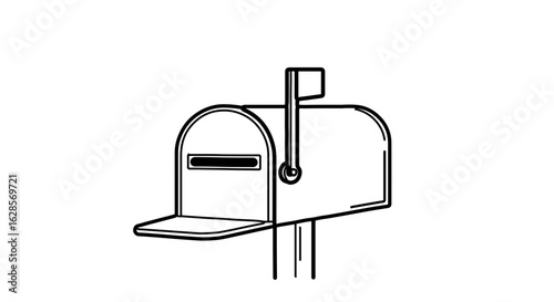 Mailbox outline drawing for mail delivery and postal service in black and white vector illustration