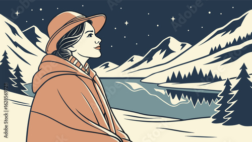 Woman with hat and blanket looking at the stars in a winter landscape with mountains and a lake view