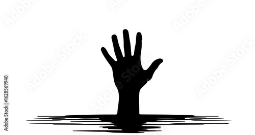 Drowning hand reaching out for help in water silhouette vector illustration and graphic design element