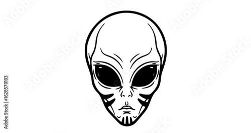 Extraterrestrial alien head drawing black and white ufo sighting space invader vector illustration art