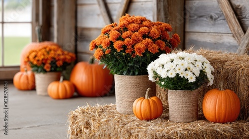 Rustic barn adorned with hay bales and pumpkins, surrounded by blooming mums, creates a charming autumn atmosphere for a wedding