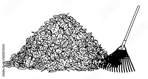 Illustration of autumn leaves pile with rake for yard cleanup and garden maintenance in fall season