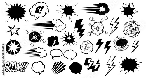 A collection of black and white comic book style sound effect and action burst graphics