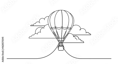 Hot air balloon flying in the sky with clouds scenic flight adventure travel line art illustration