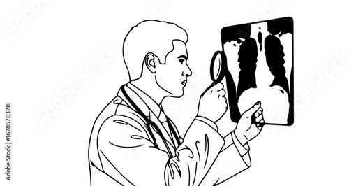 Doctor examining x ray with magnifying glass for diagnosis and lung health checkup in medical clinic