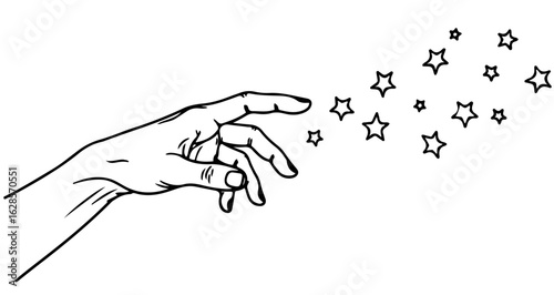 Hand reaching for stars drawing vector illustration magical sparkle design element graphic art black and white 100