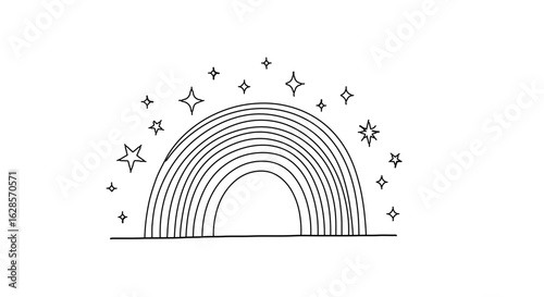 Rainbow with stars vector illustration, magical rainbow outline drawing, celestial rainbow clip art design