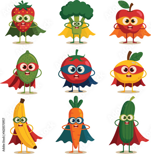 Fruit and vegetable superheroes, cartoon characters, healthy food mascots, kids illustration, caped produce heroes, fun nutrition concept, colorful vector set