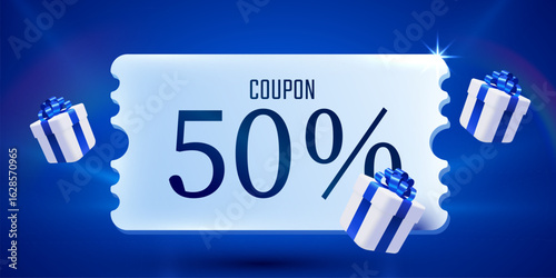 3d coupon with present boxes. Special giveaway voucher, percentage off. Gift voucher template. Vector illustration
