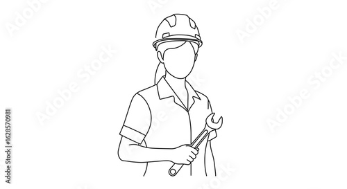 Woman engineer holding wrench wearing hard hat line art vector illustration design for construction site 100