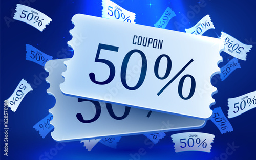 3d coupon. Special giveaway with coupons or voucher, percentage off. Gift voucher template. Vector illustration
