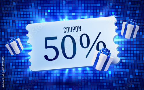 3d coupon with present boxes. Special giveaway voucher, percentage off. Gift voucher template. Vector illustration